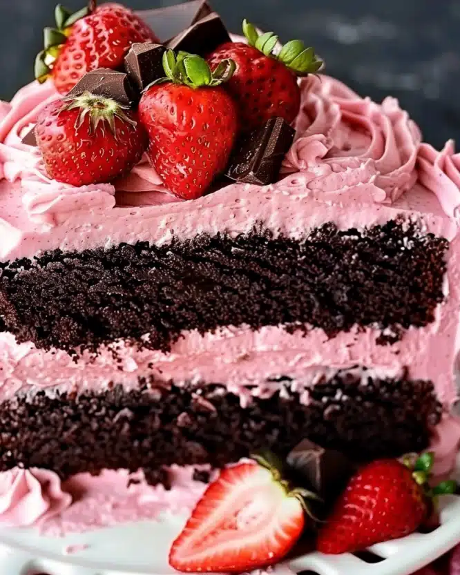 Incredible Chocolate Kahlua Cake with Strawberry Buttercream Frosting!