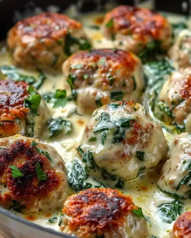 Southern-Style Baked Chicken Ricotta Meatballs with Spinach Alfredo Sauce