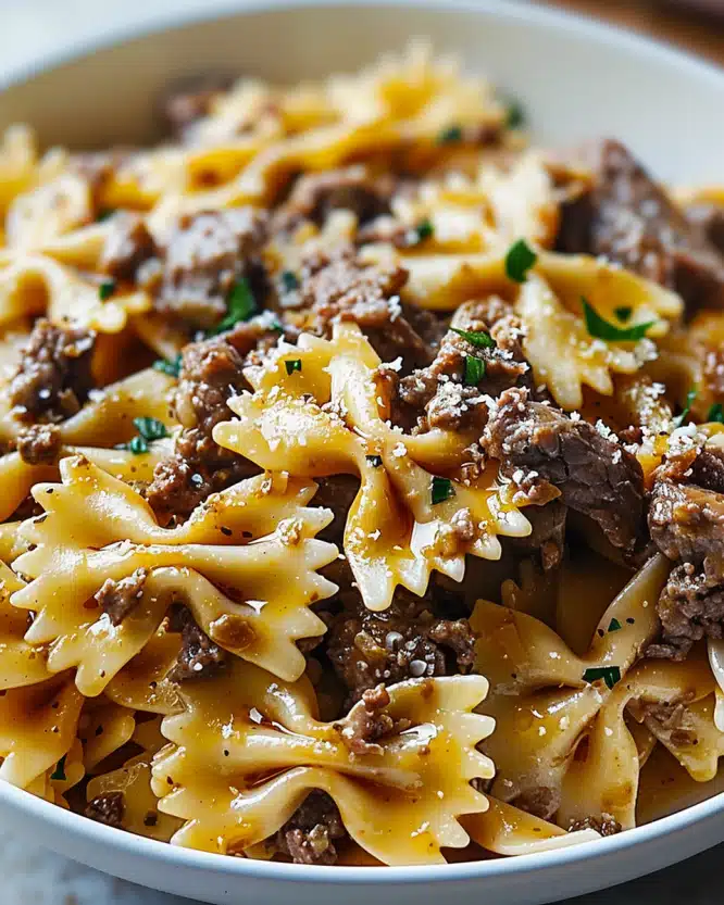 Cheesy Beef and Bowtie Pasta in Garlic Butter