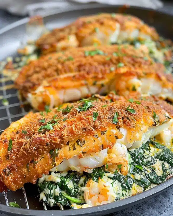 Stuffed Catfish with Cheese, Spinach, and Shrimp
