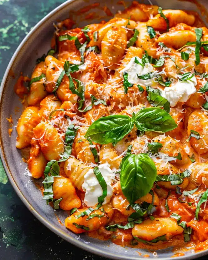 30 Minute Creamy Tomato Gnocchi with Burrata