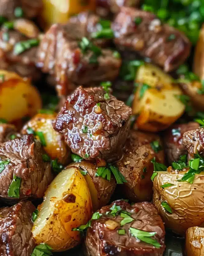 Garlic Butter Beef Bites and Potatoes