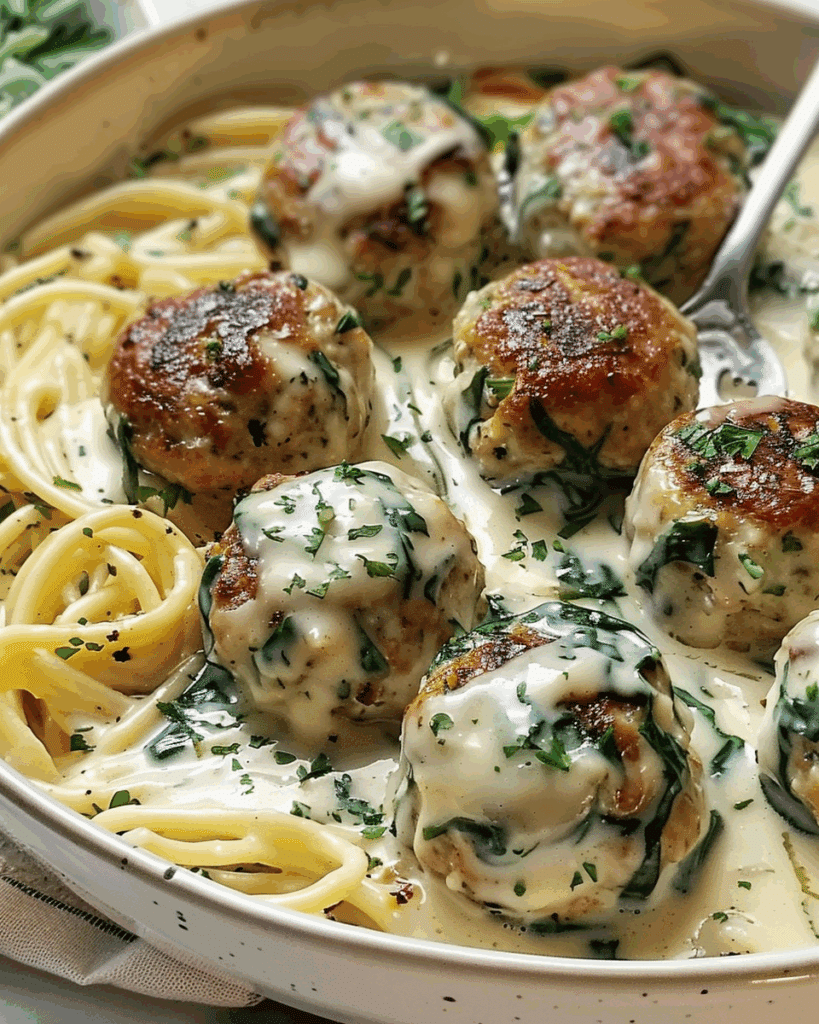 Chicken Ricotta Meatballs with Spinach Alfredo Sauce