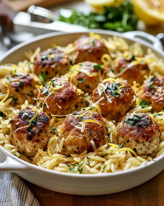 Greek Chicken Meatballs with Lemon Orzo