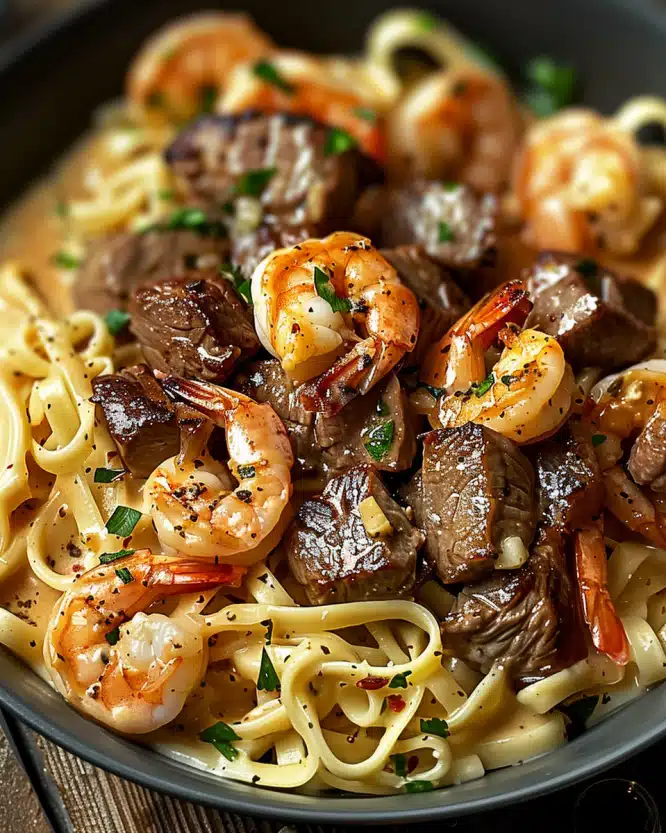Spicy Shrimp & Steak Alfredo