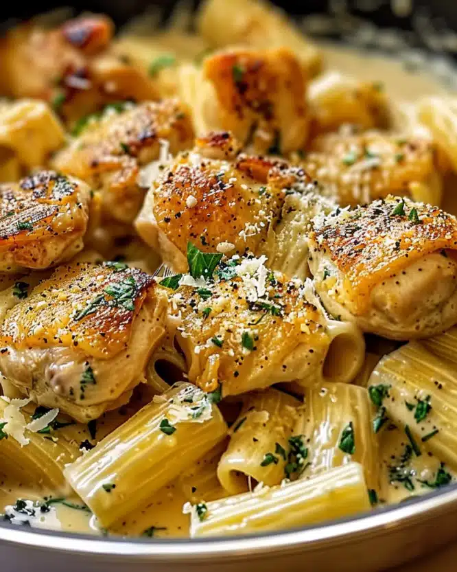 Creamy Garlic Butter Chicken and Rigatoni in Parmesan Sauce