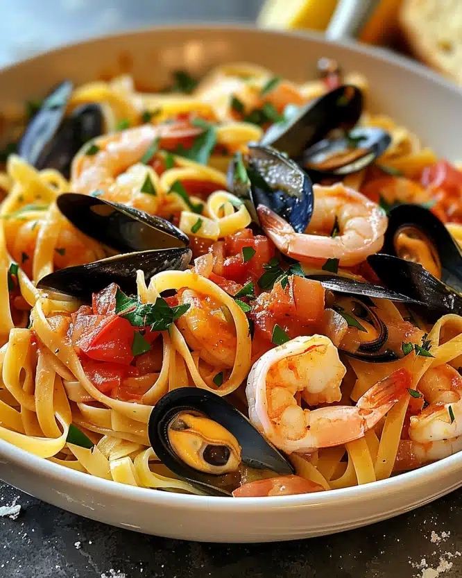Seafood Pasta with Linguine, Shrimp, and Mussels
