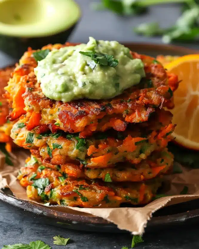 Crispy Chickpea & Sweet Potato Fritters with Avocado Sauce
