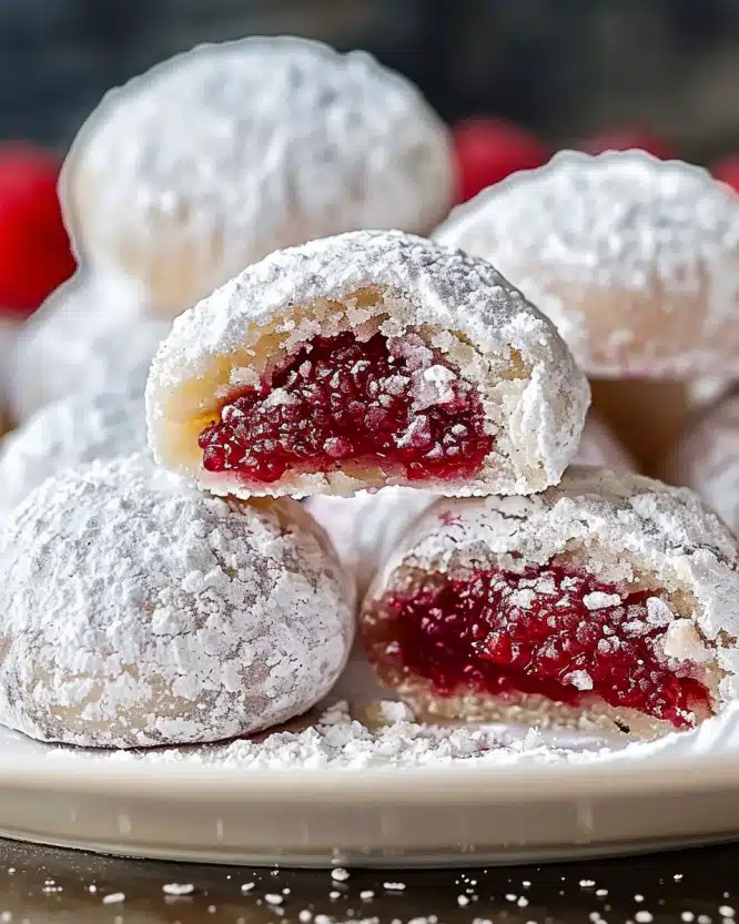 Raspberry-Filled Almond Snowball Cookies