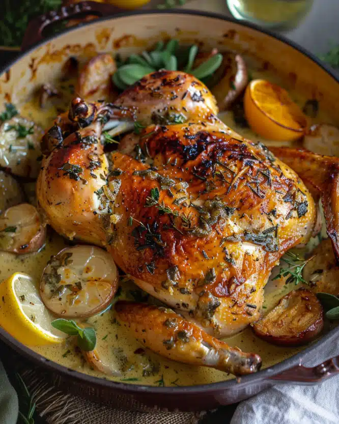 Herb Roasted Chicken in Creamy White Wine Sauce