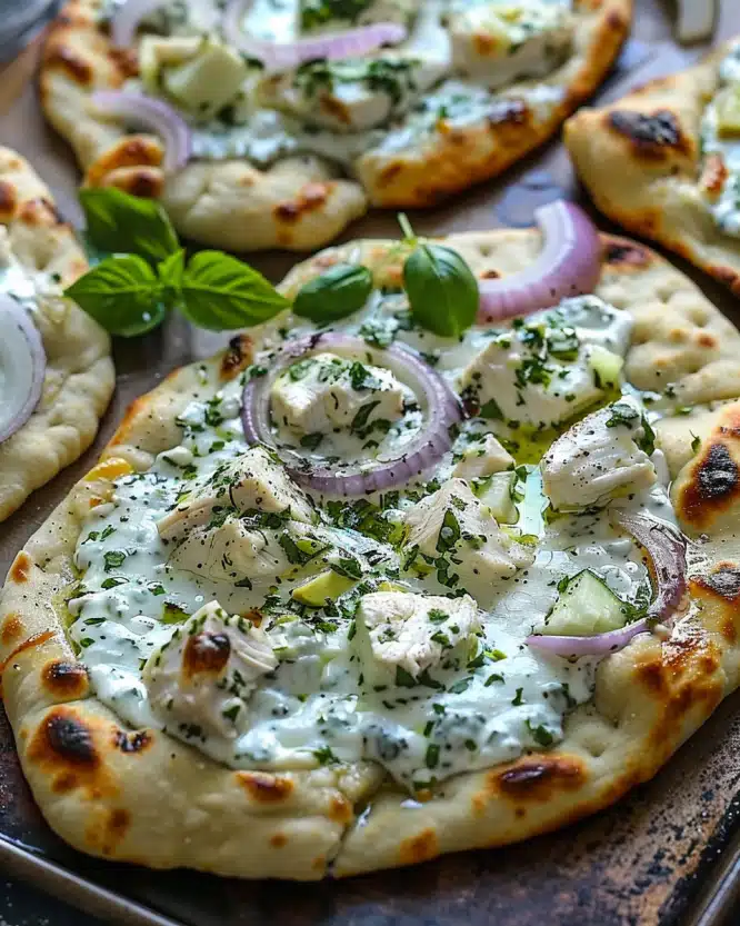 Tzatziki Chicken Veggie Naan Pizza
