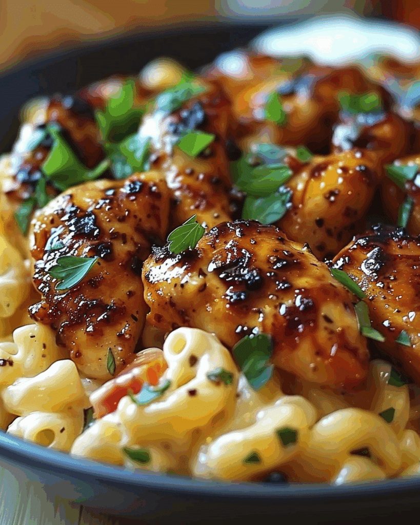 Sweet and Spicy Honey Pepper Chicken with Creamy Macaroni Cheese