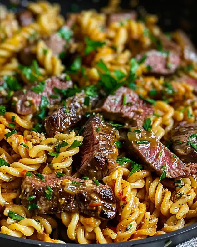 One-Pot Creamy Spicy Garlic Butter Steak Pasta