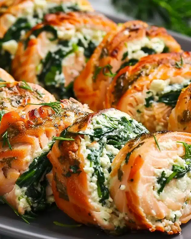 Spinach Feta Stuffed Salmon Pinwheels