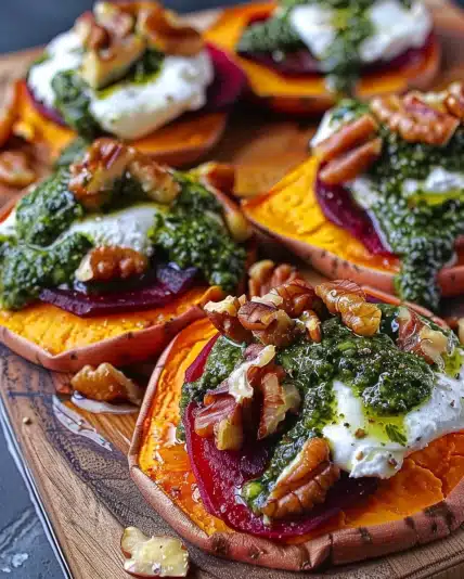 Sweet Potato Rounds with Burrata, Roasted Beets, and Walnut Sage Pesto