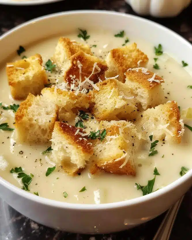 Creamy Garlic Bread Soup with Homemade Croutons
