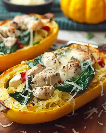Garlic Parmesan Stuffed Spaghetti Squash with Chicken and Spinach