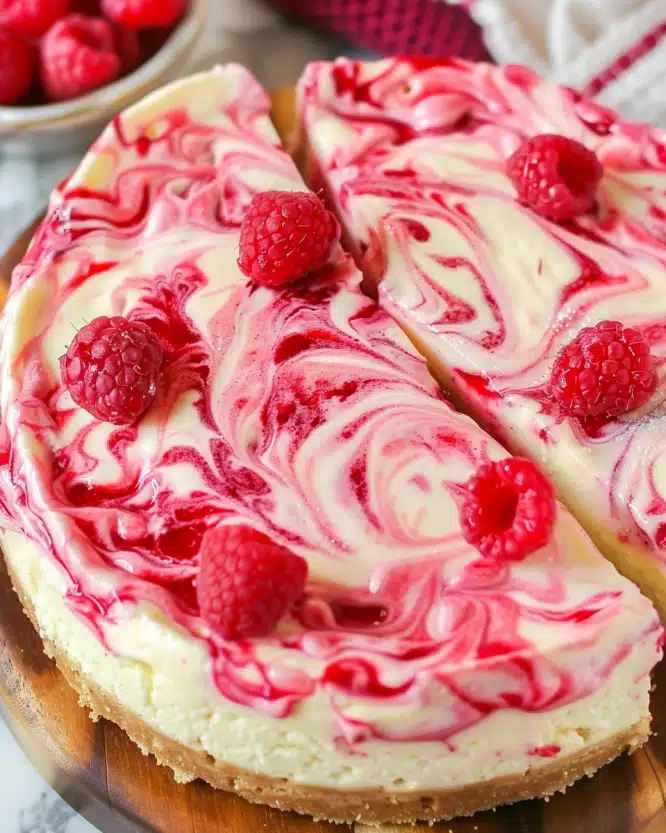 White Chocolate Raspberry Swirl Cheesecake