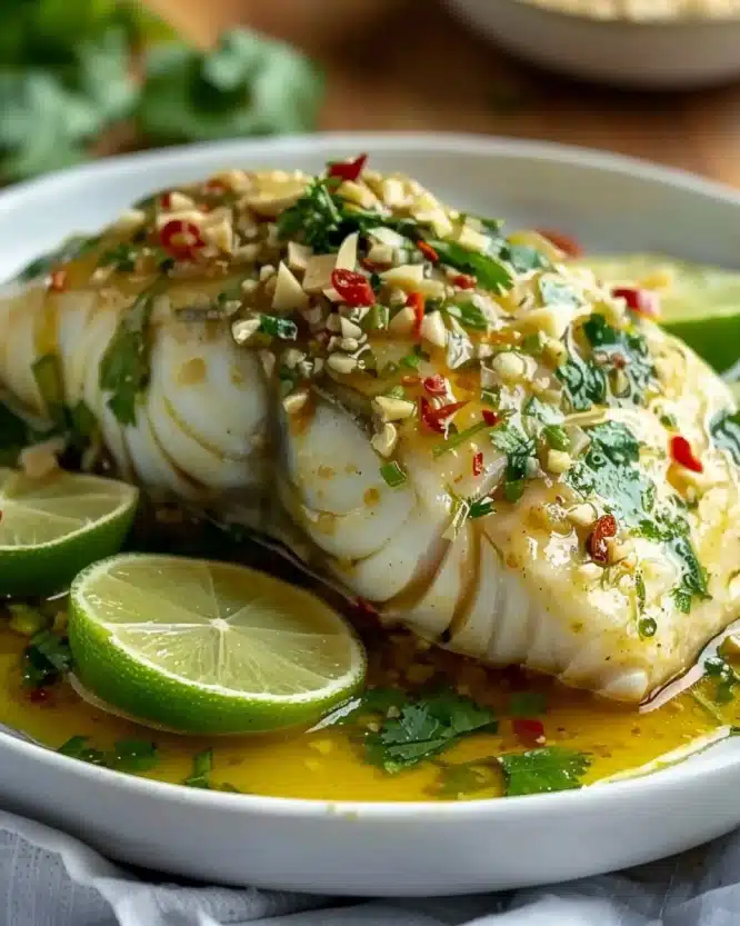 Thai Lime Garlic Steamed Fish with Coconut Lemongrass Sauce