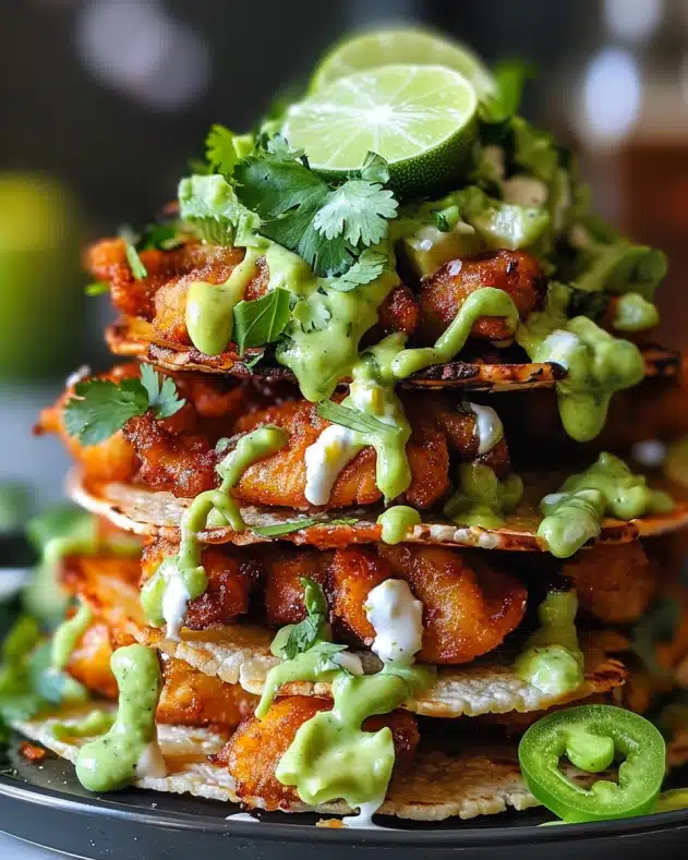 Crispy Honey Lime Chicken Tostada Towers with Avocado Lime Drizzle