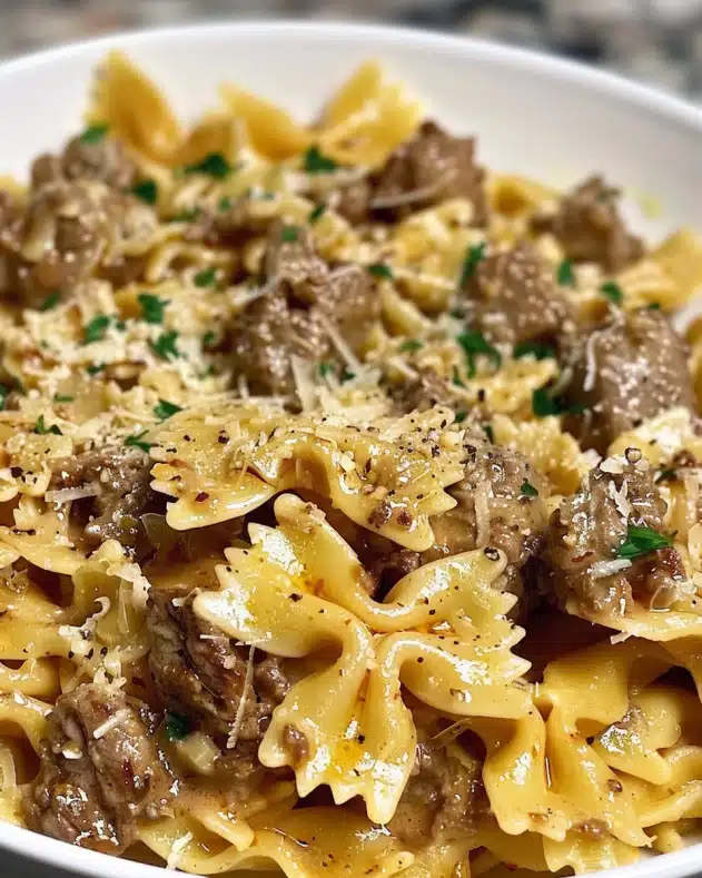 Creamy Parmesan Garlic Beef Bowtie Pasta