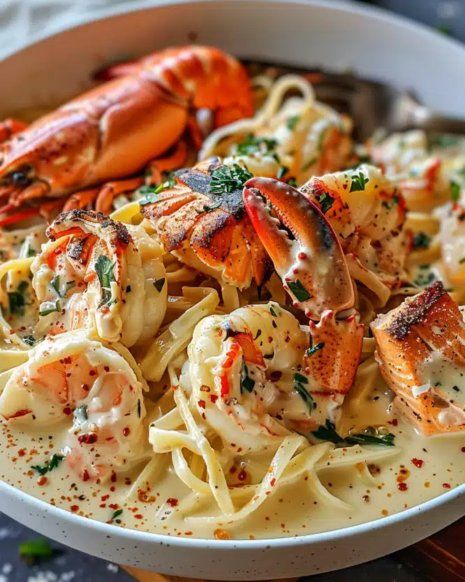 Lobster, Crab, and Salmon in Cajun Alfredo Sauce