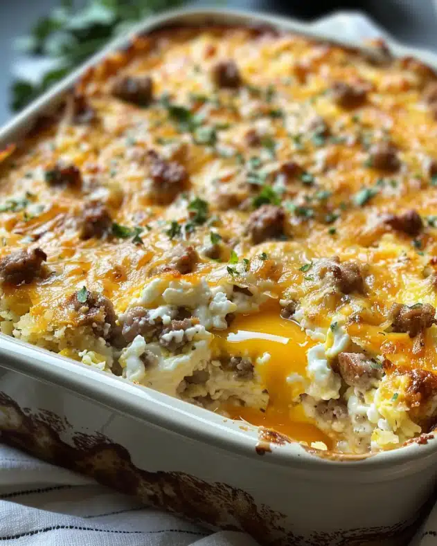 Sausage, Egg & Cream Cheese Hashbrown Casserole