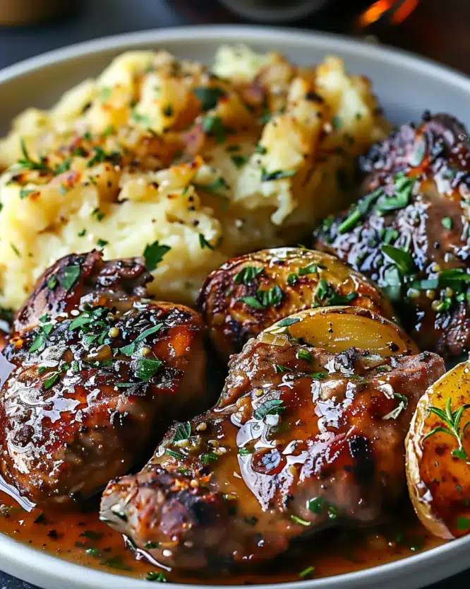 Slow-Cooked Garlic Butter Chicken & Ribeye with Parmesan Potatoes