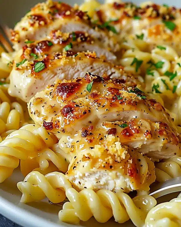 Creamy Garlic Parmesan Chicken with Cheesy Twisted Pasta
