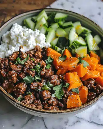 Sweet Potato Beef Bowl with Hot Honey and Cottage Cheese