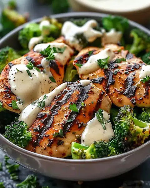 Grilled Chicken Broccoli Bowls with Creamy Garlic Sauce