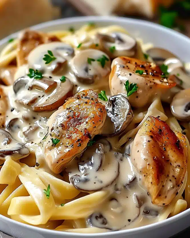 Garlic Chicken & Mushrooms in Creamy Pasta Sauce