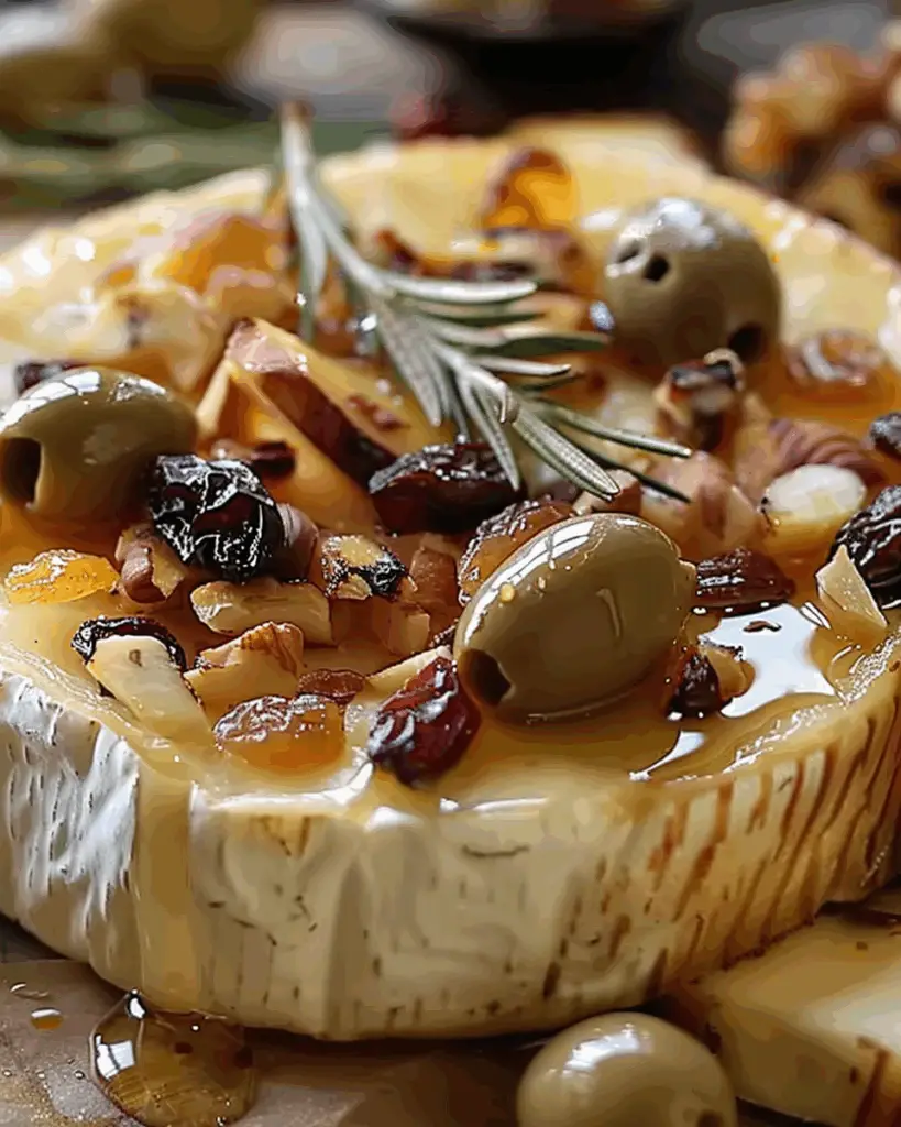 Roasted Brie with Honey, Dried Fruits, and Olives