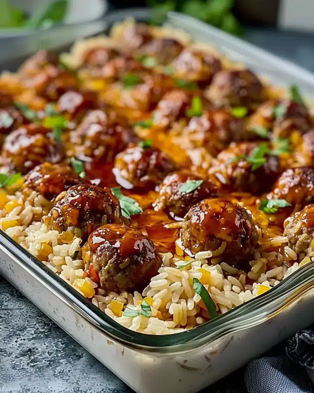 Honey Garlic Meatball Rice Bake