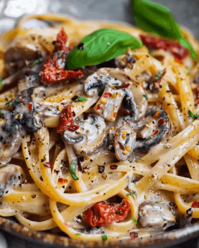 Creamy Sun-dried Tomato and Mushroom Pasta in a Garlic and Basil Cream Sauce