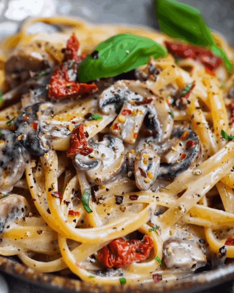Creamy Sun-dried Tomato and Mushroom Pasta in a Garlic and Basil Cream Sauce