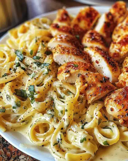Creamy Parmesan Chicken with Twisted Pasta and Garlic Sauce