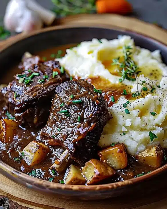 Fall-Apart Tender Red Wine Beef Short Ribs over Buttery Mashed Potatoes