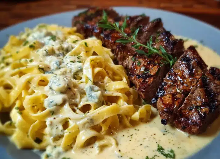 Cheesy Garlic Steak Bites & Creamy Linguine