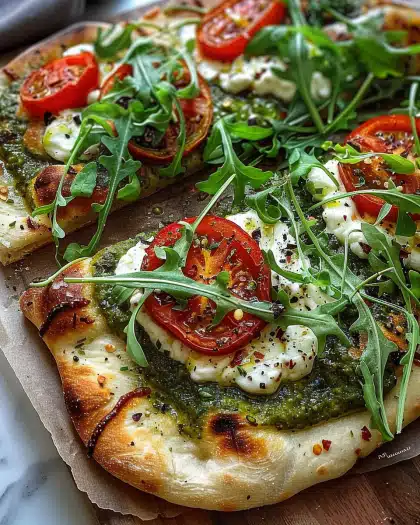 Roasted Tomato & Goat Cheese Flatbread With Pesto & Arugula