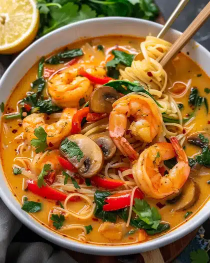 Thai Shrimp Coconut Curry Noodle Soup with Mushrooms, Bell Pepper, & Spinach