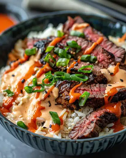 Korean BBQ Steak Rice Bowls with Spicy Cream Sauce