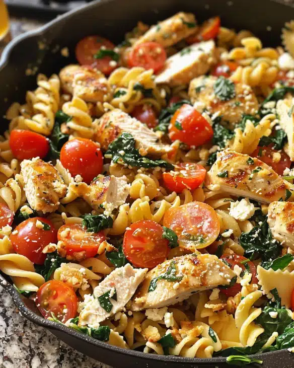 Mediterranean Chicken Feta Pasta with Tomatoes & Spinach