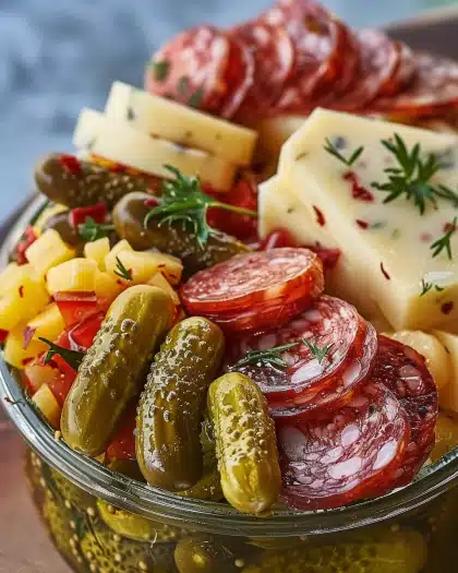 Easy Marinated Cheese Appetizer with Salami & Pickles