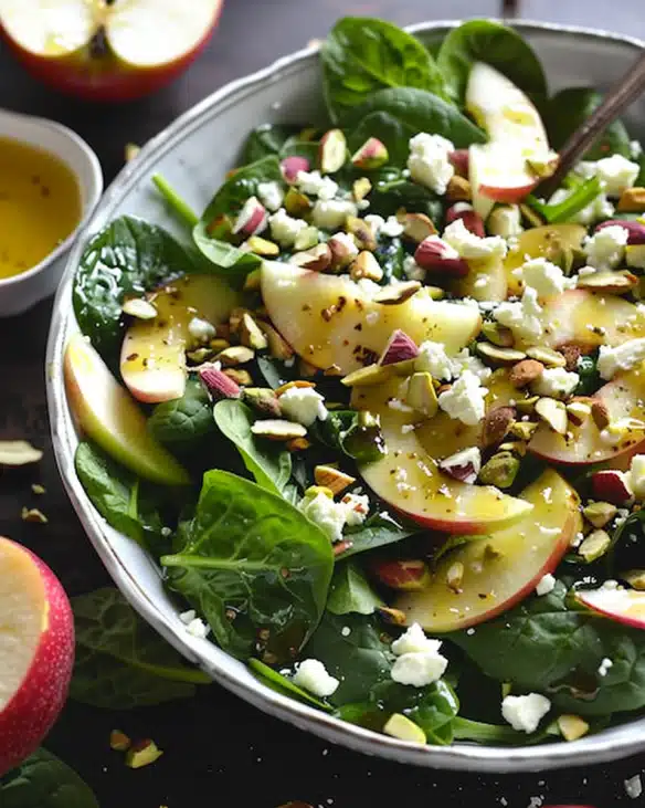 Apple Spinach Salad with Feta, Pistachios, and Honey-Mustard Lemon Dressing