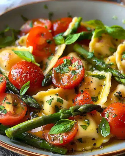 Ravioli With Tomatoes, Asparagus, Garlic, and Herbs