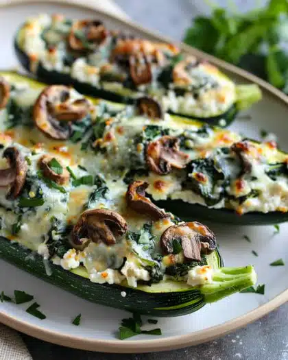 Spinach, Mushroom, and Ricotta Stuffed Zucchini Boats