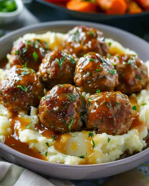 Salisbury Steak with Garlic Mashed Potatoes and Mushroom & Onion Gravy