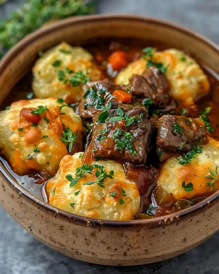 Comforting Beef Stew with Cheddar Herb Dumplings