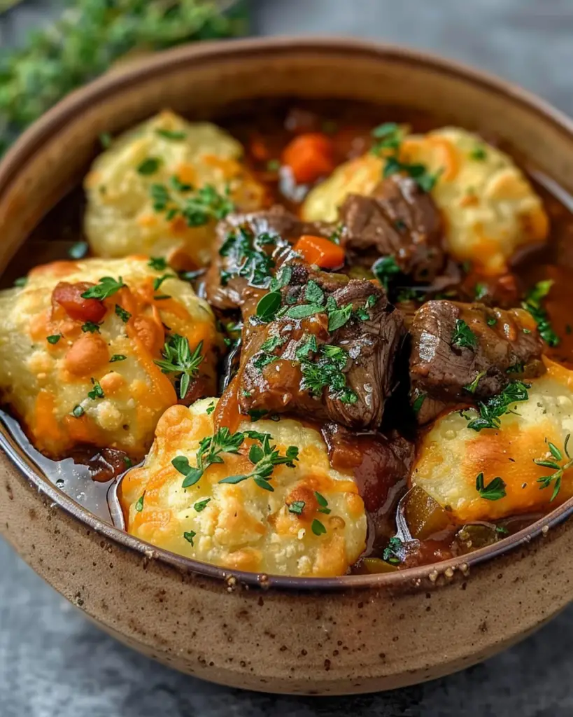 Comforting Beef Stew with Cheddar Herb Dumplings